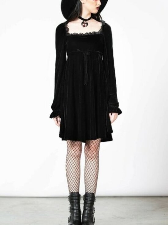 Killstar Dresses & Skirts - NWT Killstar "Imperia" Long-sleeve Black Velvet Babydoll Mini Dress (Size S)